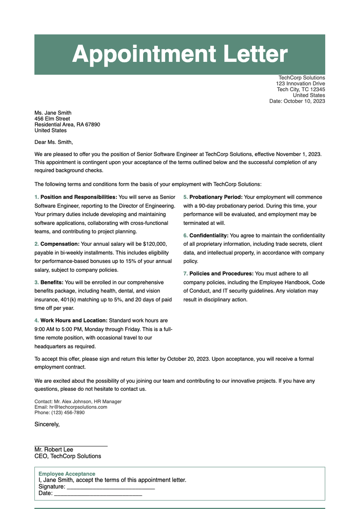 Professional appointment letter template with green header and placeholder fields_variant_1